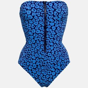 Stella McCartney blue leopard strapless backless zip up one piece bathing suit